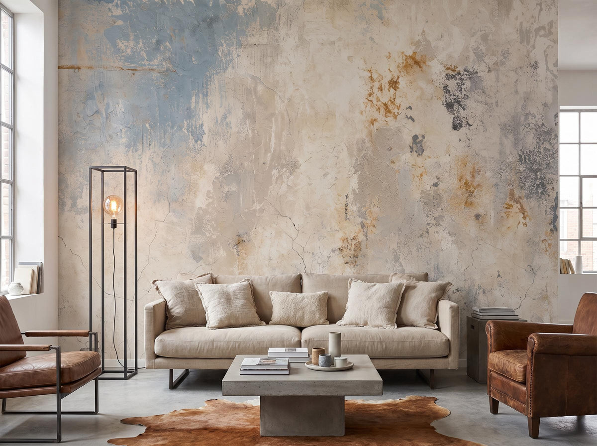 Distressed plaster mural with blue-gray and ochre marks behind a linen sofa in a room with a concrete floor