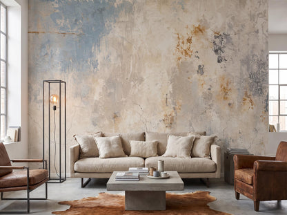 Distressed plaster mural with blue-gray and ochre marks behind a linen sofa in a room with a concrete floor