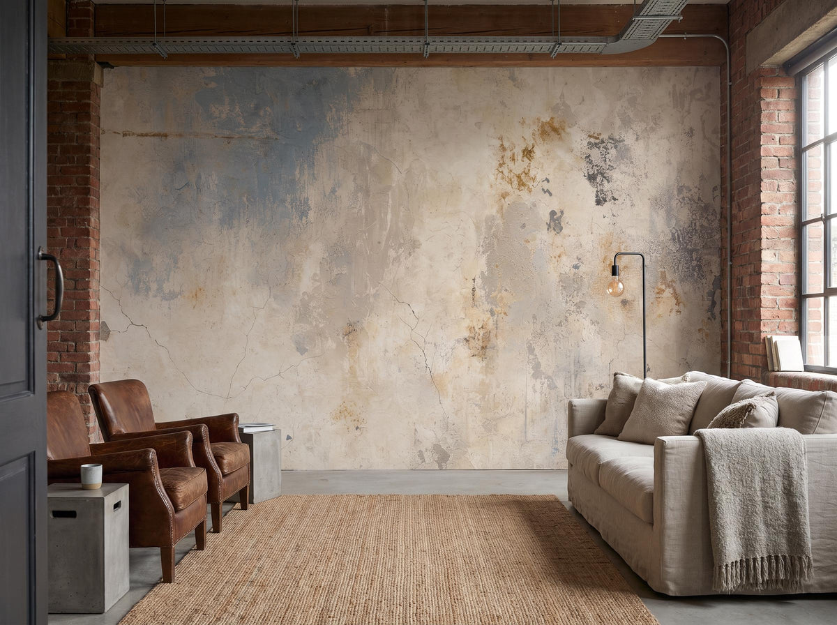 Distressed plaster mural across a wide wall between exposed brick, with a linen sofa and two leather armchairs