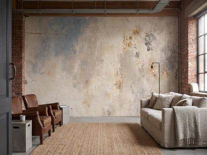 Distressed plaster mural across a wide wall between exposed brick, with a linen sofa and two leather armchairs