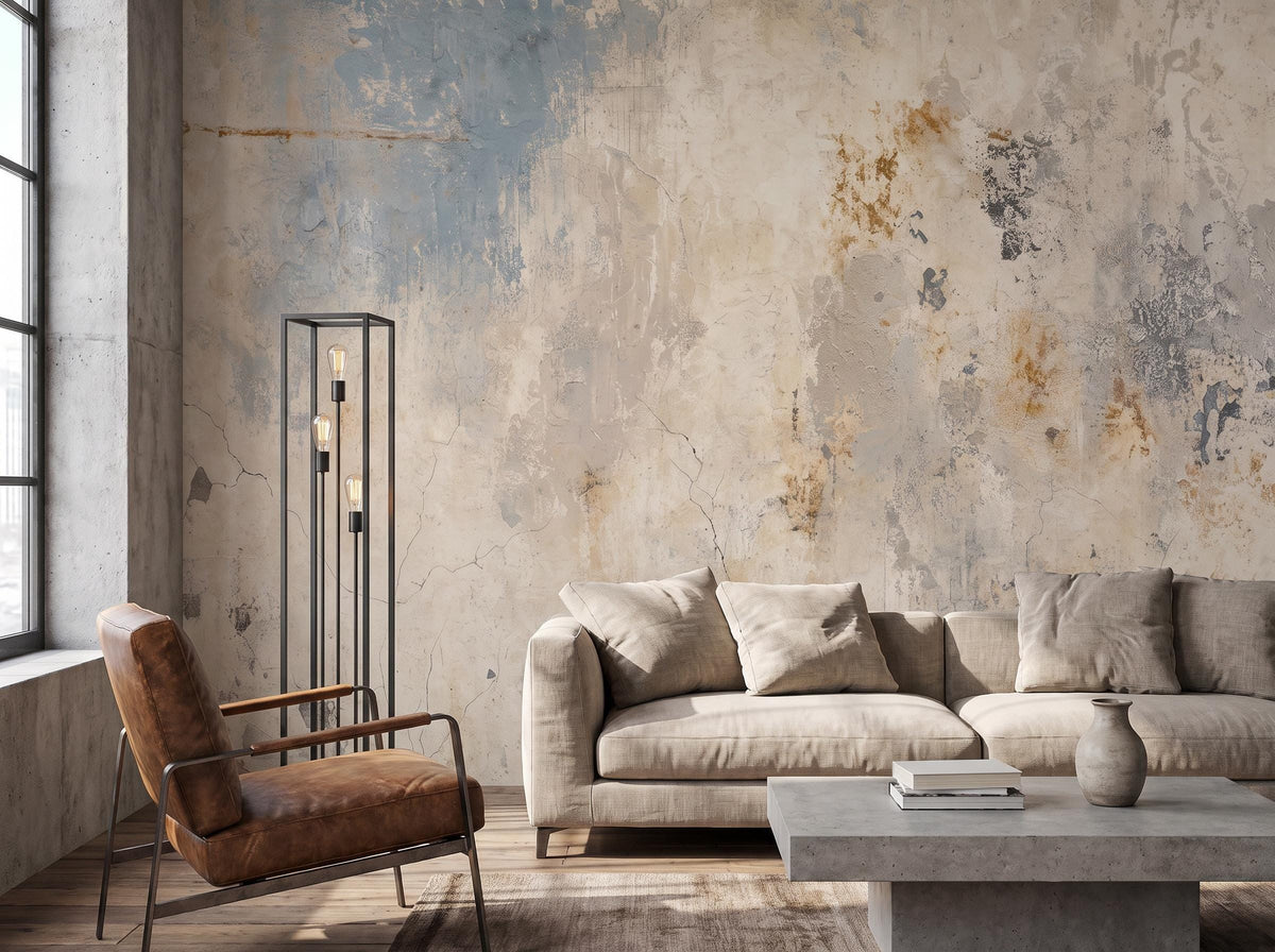 Distressed plaster wall mural in cream and blue-gray behind a linen sofa and leather armchair in a loft room