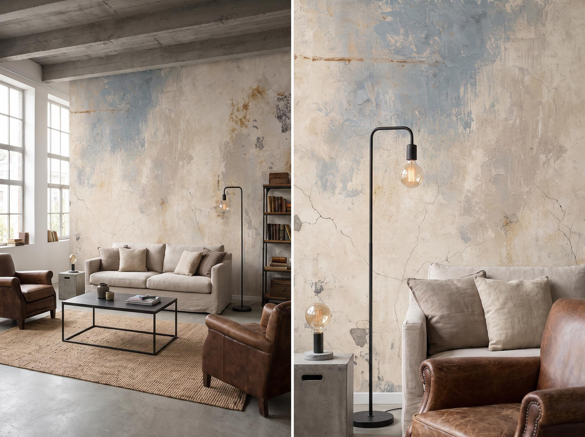 Two views of the distressed plaster mural: the full wall behind a linen sofa, and a close view of the cracked cream and blue-gray surface