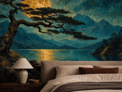 Close view of the gold moon, pine branches and the amber reflection on the lake
