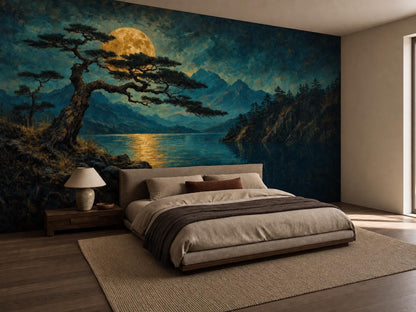 The alpine lake mural across a bedroom wall, with a low bed and a woven rug