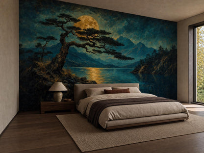 Bedroom corner with the moonlit lake mural, a low bed, bedside lamp and a bright window