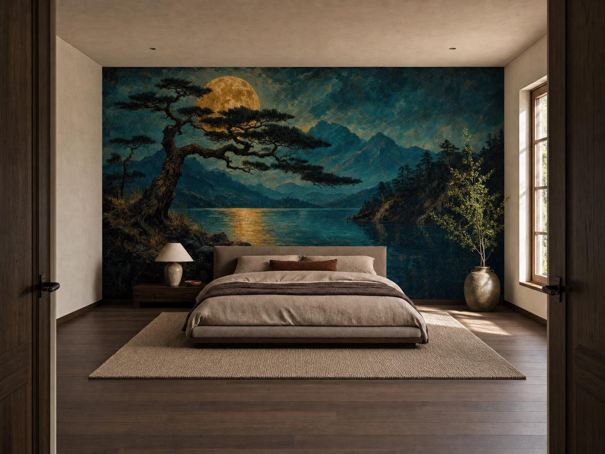 Bedroom seen from the doorway with the alpine lake mural and a dark wood floor