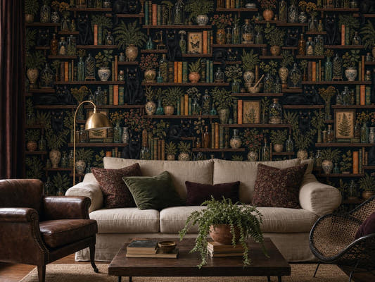 Dark library wallpaper with black cats and book shelves behind a cream sofa and a brass floor lamp