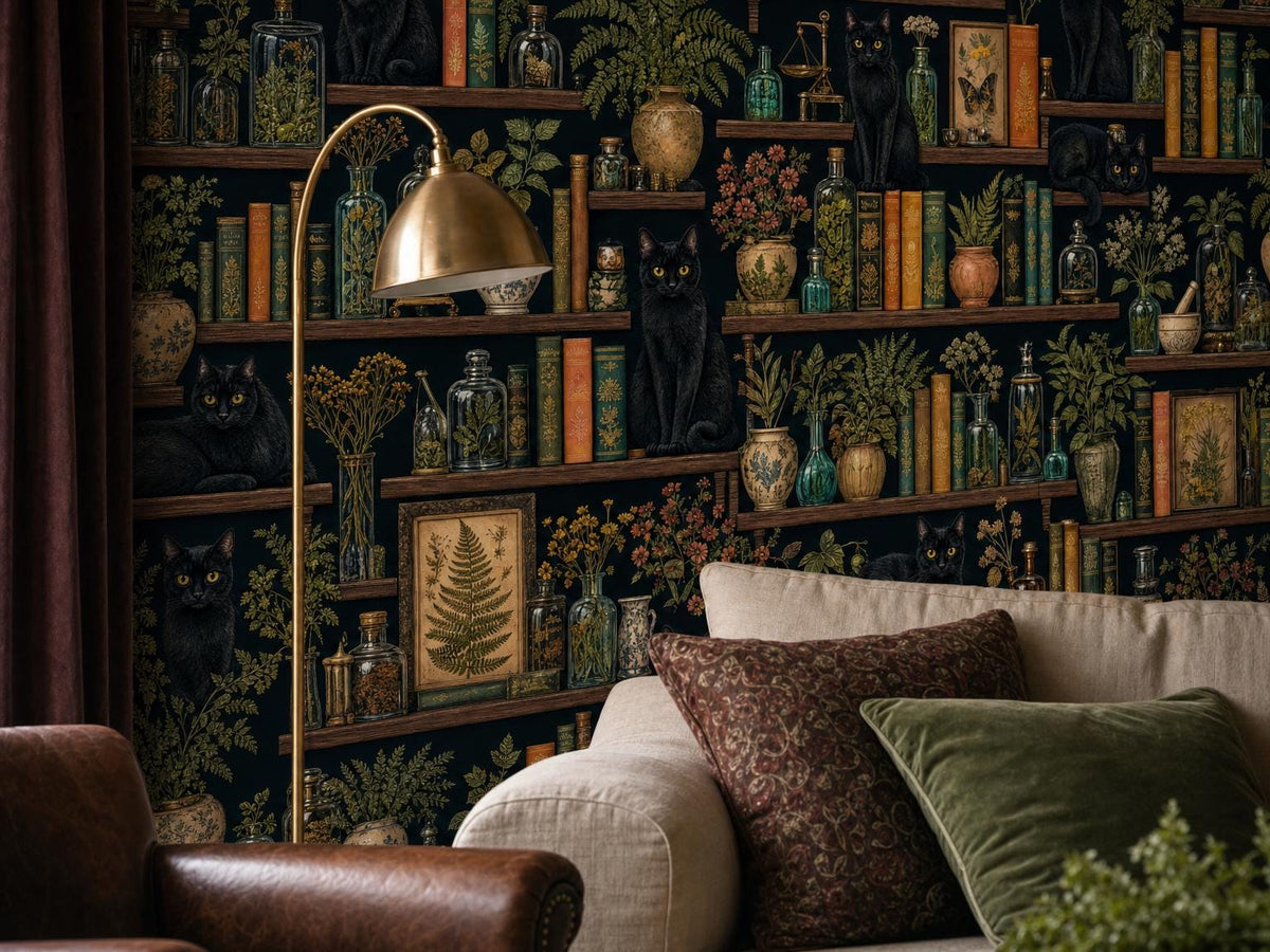 Close view of the shelves with a seated black cat, glass bottles, ferns and ornamented book spines