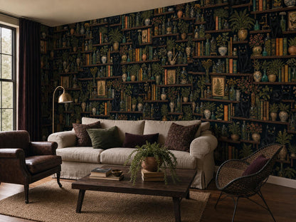 The library wallpaper across a room, with a cream sofa, leather armchair and low table