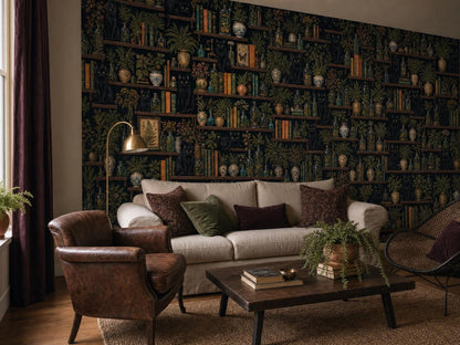 Corner room with the cats and books wallpaper, a sofa, leather chair and brass lamp