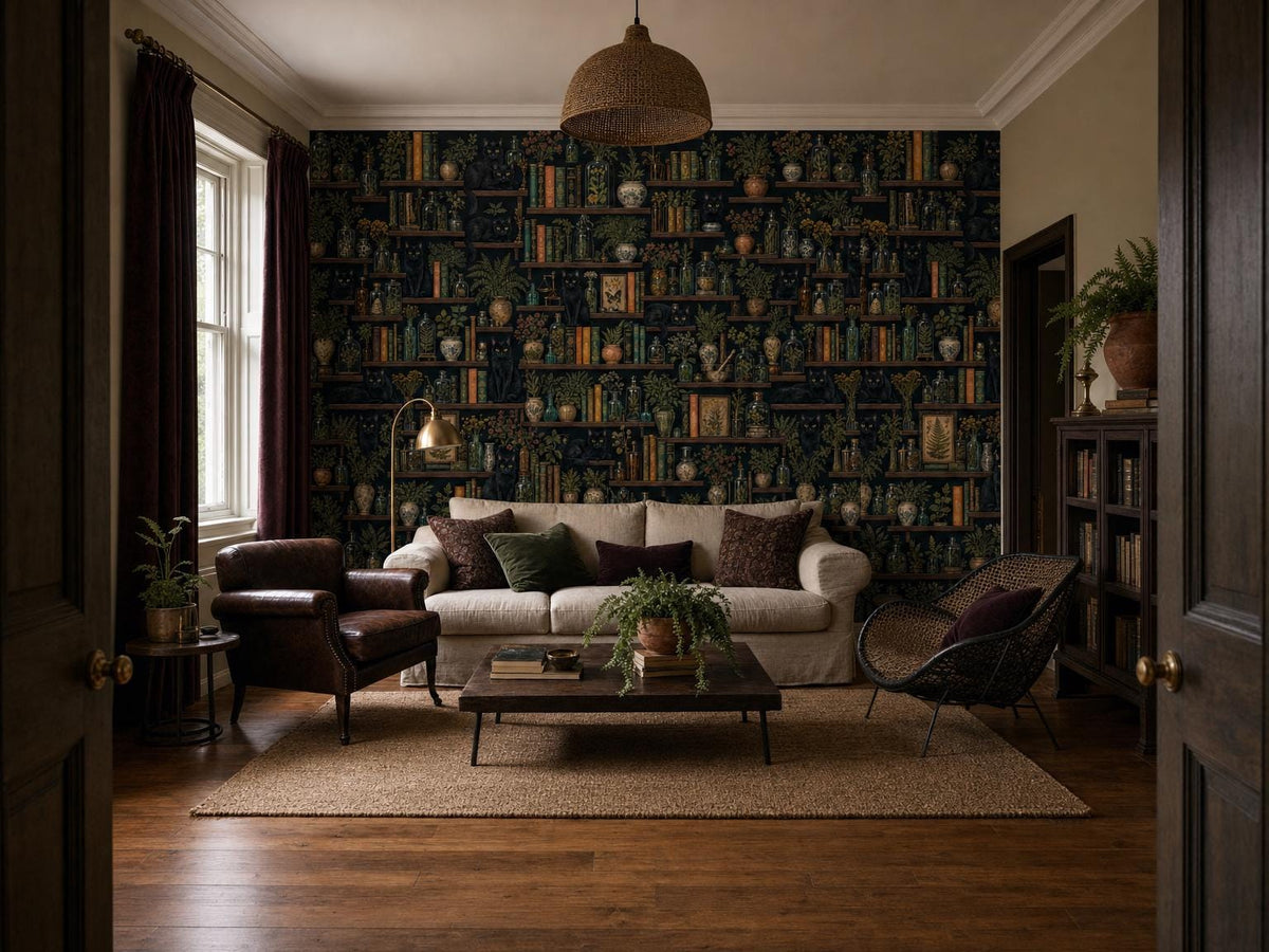 Wide room with the dark library wallpaper, a sofa, jute rug and a tall window