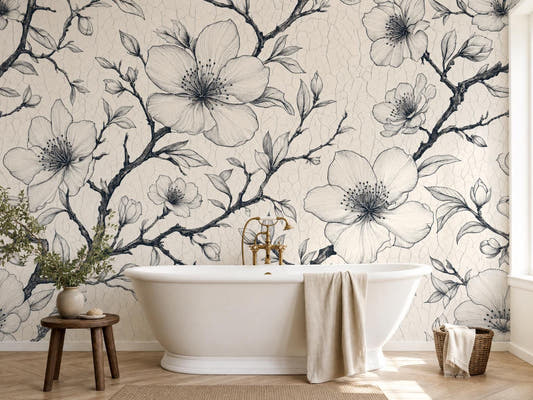 Ink cherry blossom branches on ivory behind a freestanding white bathtub, with a wooden stool and a vase of greenery