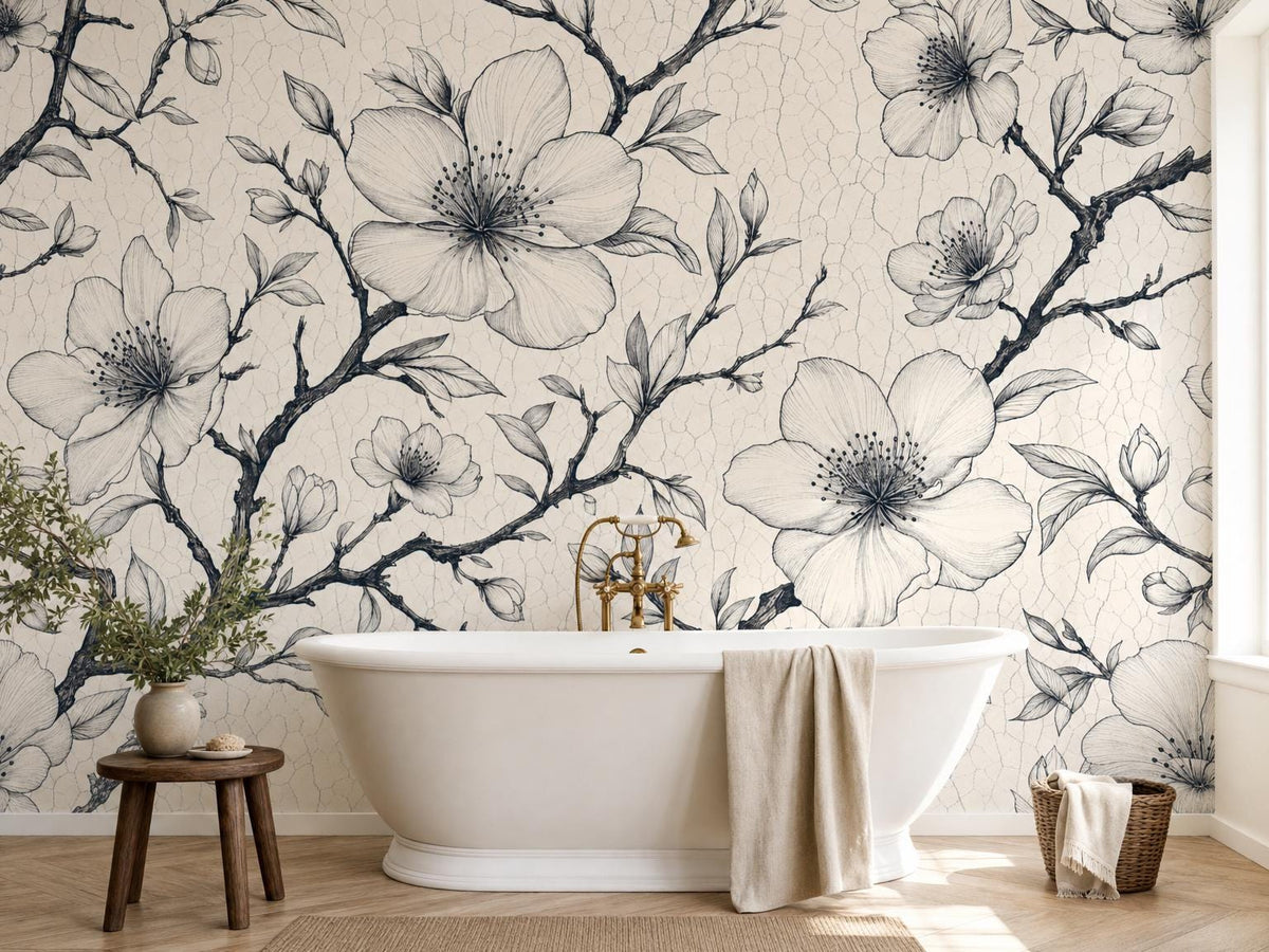 Ink cherry blossom branches on ivory behind a freestanding white bathtub, with a wooden stool and a vase of greenery