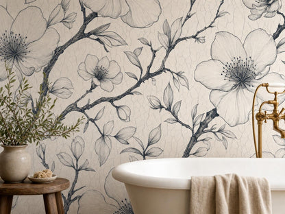 Close view of the drawn blossoms and hatched petals beside a white bathtub and a brass tap