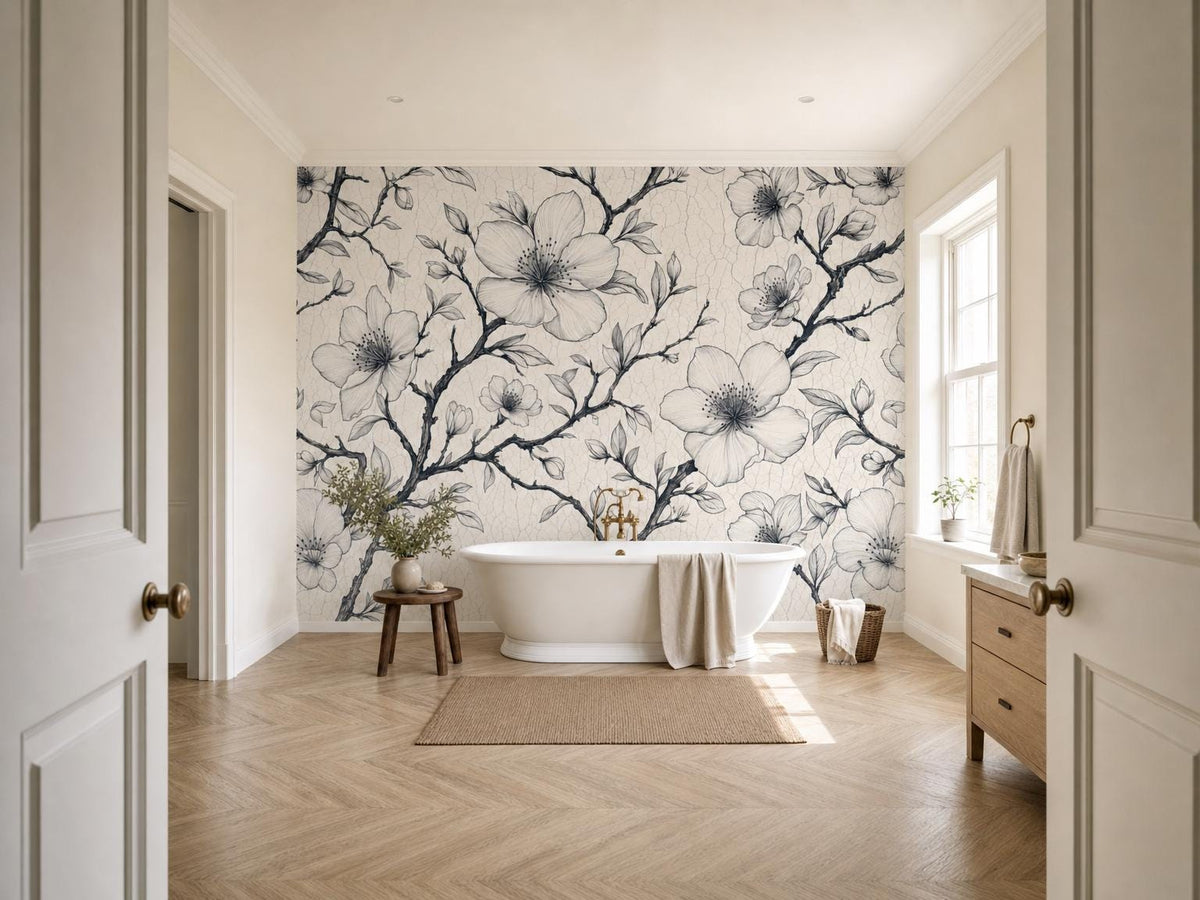 Bathroom seen from the doorway with the cherry blossom wallpaper, a white bathtub and herringbone floor