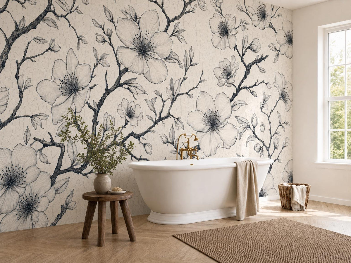 Bright bathroom corner with the ink blossom wallpaper, a white tub, wooden stool and towels