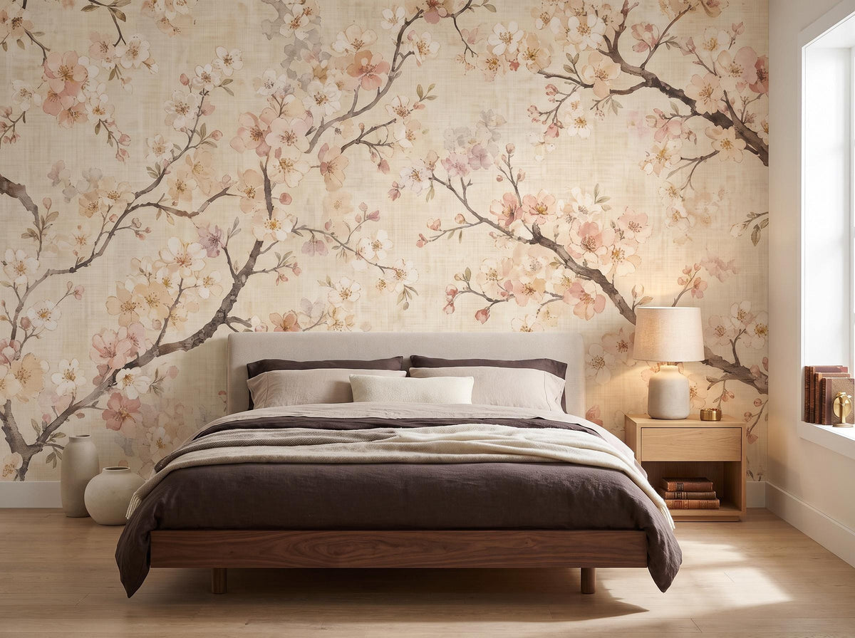 The blossom wallpaper across a bedroom wall, with a wooden bed, brown throw and bedside lamp