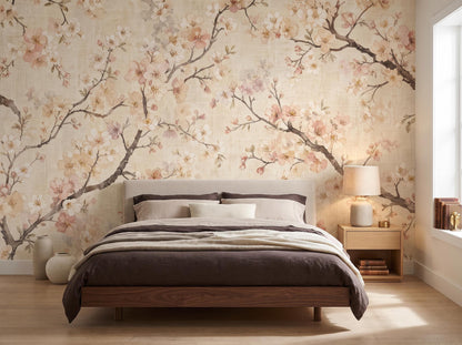 The blossom wallpaper across a bedroom wall, with a wooden bed, brown throw and bedside lamp