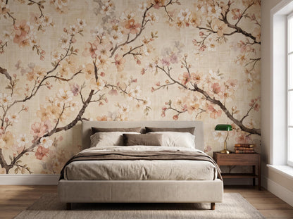 Bedroom corner with the watercolour blossom wallpaper, a pale bed and a green desk lamp