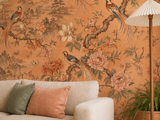Close view of the terracotta chinoiserie mural with long-tailed birds and peonies, above a cream sofa with coral and sage