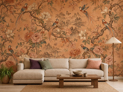 The chinoiserie bird mural across a living room wall, with a low cream sectional and a wooden coffee table