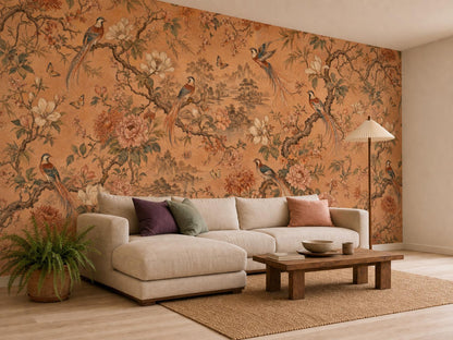 Corner room with the terracotta chinoiserie mural, a cream sectional, planter and floor lamp