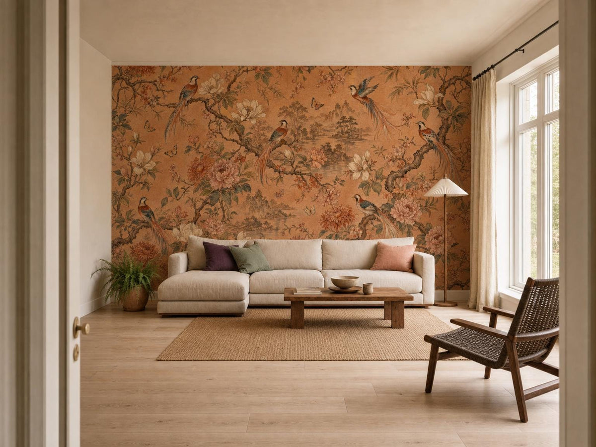 Bright room with the chinoiserie mural beside a window, a cream sectional and a black spindle chair