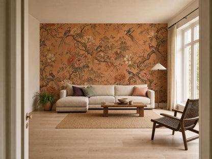 Bright room with the chinoiserie mural beside a window, a cream sectional and a black spindle chair