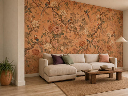 Wide view of the terracotta chinoiserie wall with a cream sectional, wooden table and pale floor