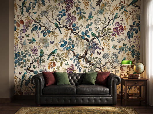 Chinoiserie garden mural with songbirds and blossoms behind a black tufted leather sofa, with a side table and a green