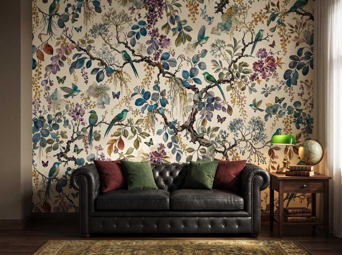 Chinoiserie garden mural with songbirds and blossoms behind a black tufted leather sofa, with a side table and a green desk lamp