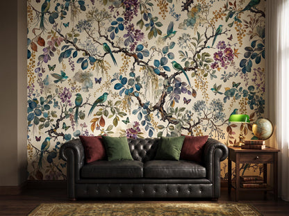 Chinoiserie garden mural with songbirds and blossoms behind a black tufted leather sofa, with a side table and a green desk lamp