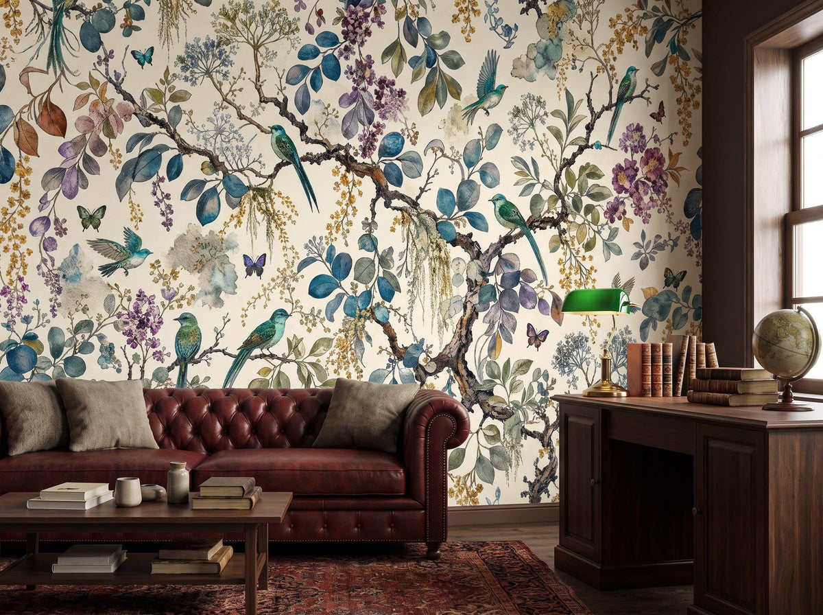 The same garden mural behind a burgundy chesterfield sofa, beside a wooden desk with a green banker's lamp