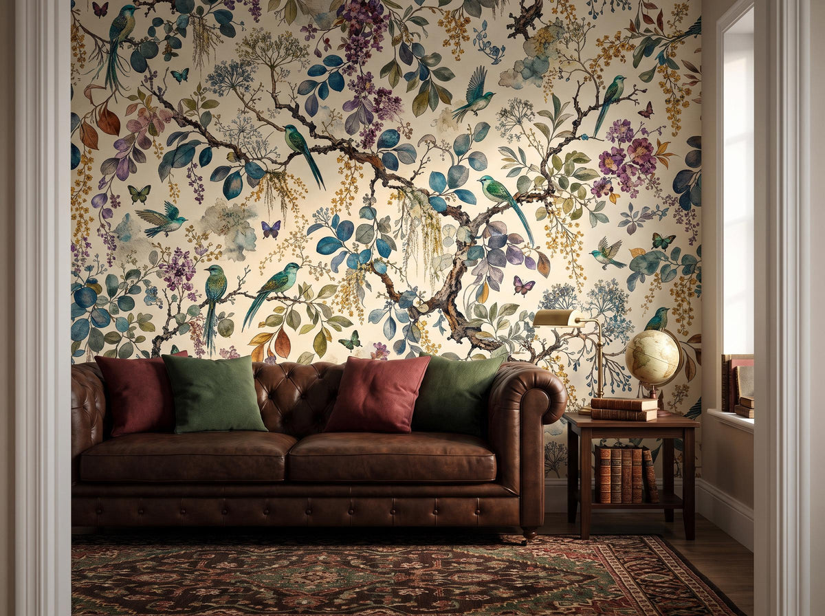 Chinoiserie garden mural seen through a doorway, behind a brown leather sofa on a patterned rug