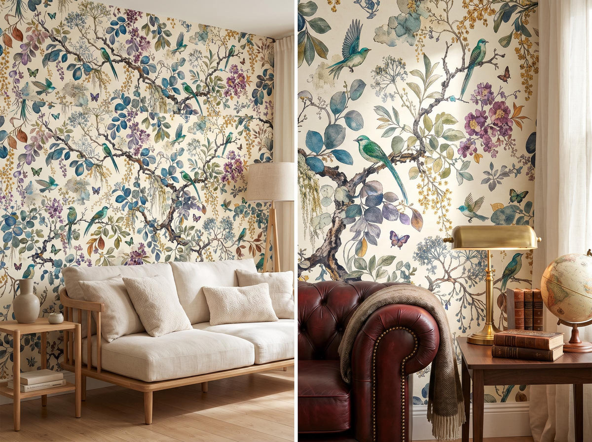 Two views of the chinoiserie mural: a pale sofa corner, and a close view of the turquoise birds and blossoms