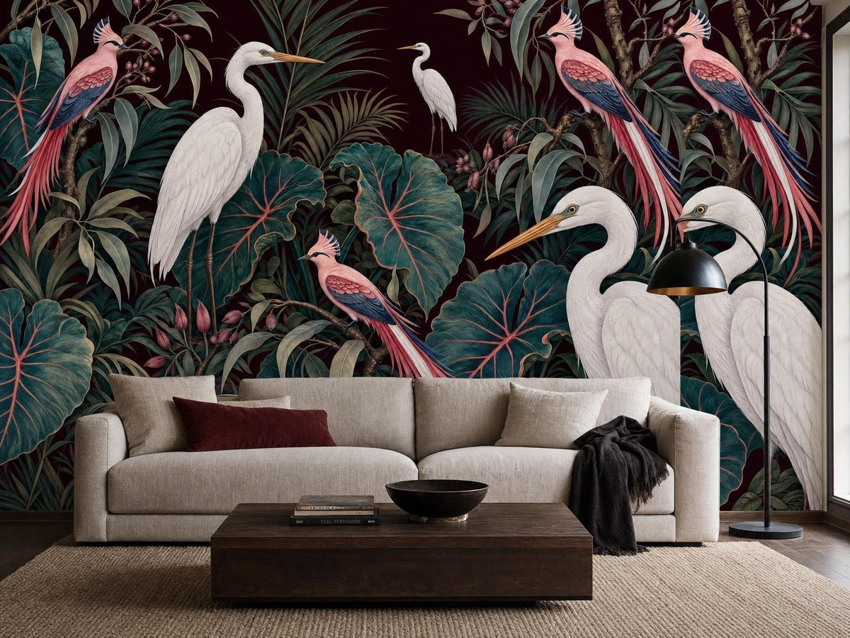 The dark heron mural across a living room wall, with a cream sofa, dark wood table and black floor lamp