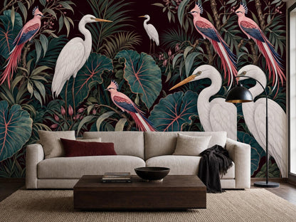 The dark heron mural across a living room wall, with a cream sofa, dark wood table and black floor lamp