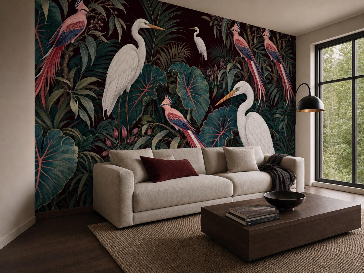 Heron mural beside a tall window, with a low cream sofa and a dark coffee table