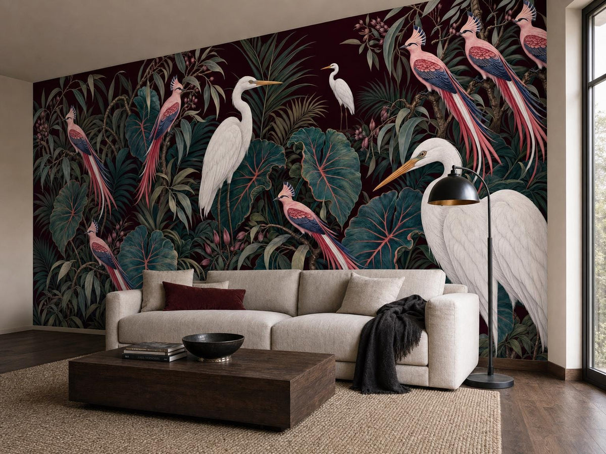 Corner view of the oxblood heron mural with a cream sectional and a black arc lamp
