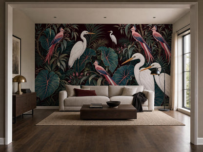Wide room with the heron mural on the far wall, a cream sofa, sideboard and dark oak floor
