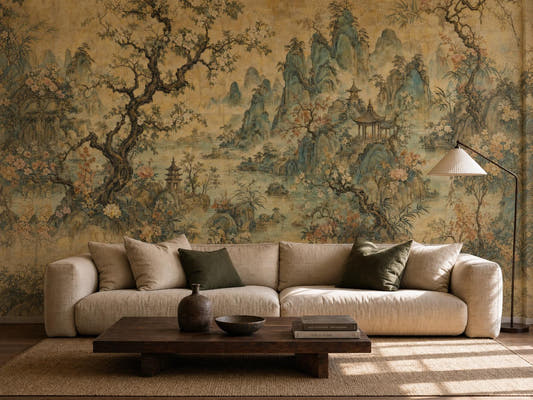 Warm ochre chinoiserie landscape mural with karst mountains behind a low cream sofa and a dark wood table