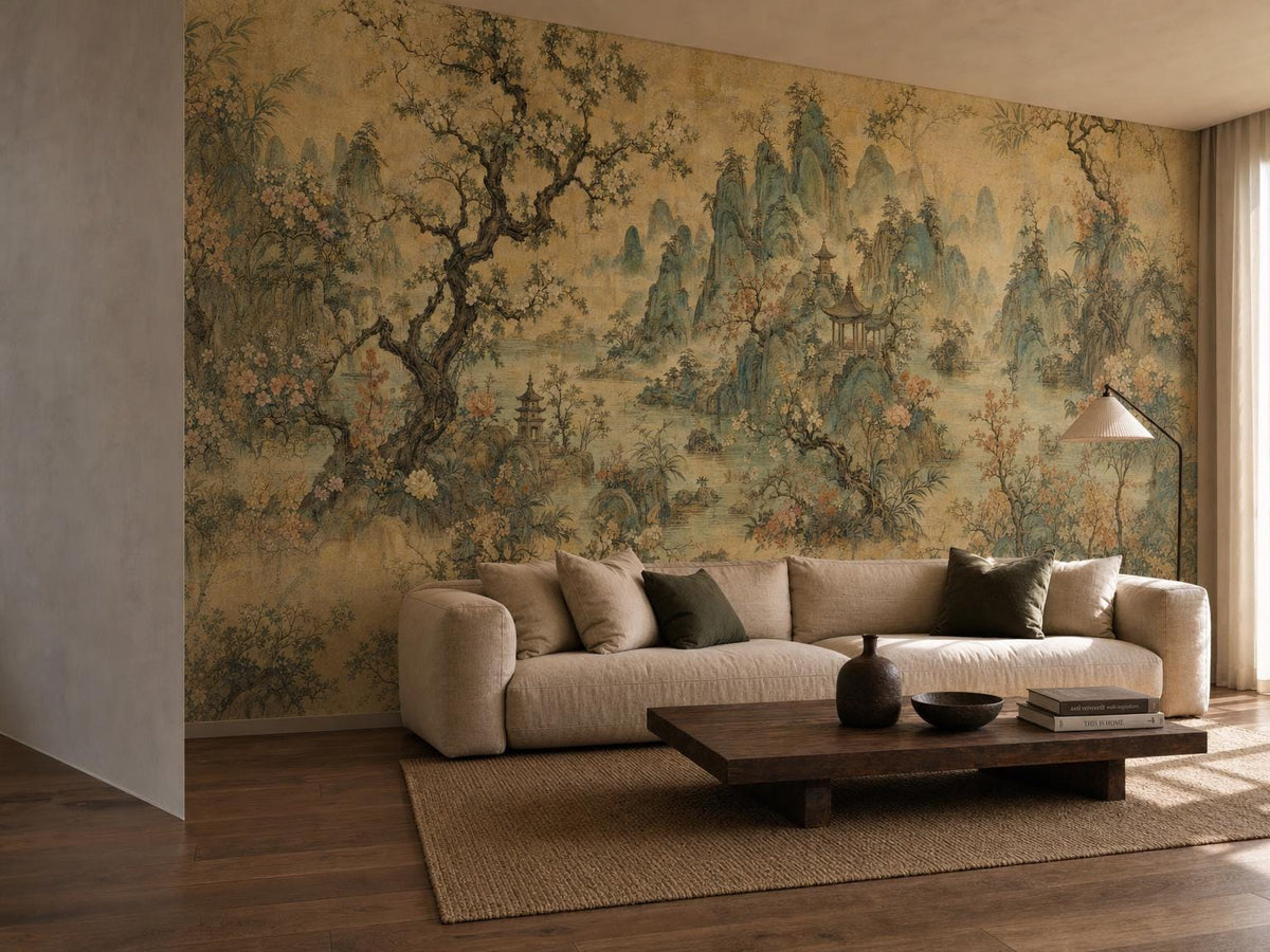 The chinoiserie landscape across a living room wall, with a cream sofa and a jute rug