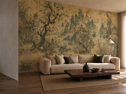 The chinoiserie landscape across a living room wall, with a cream sofa and a jute rug