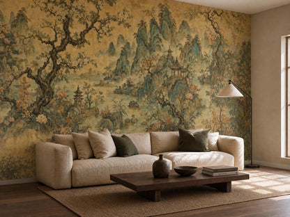 Corner room with the chinoiserie landscape mural, a cream sofa and a floor lamp