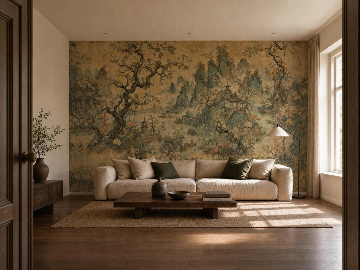 Wide room seen past a doorway with the ochre chinoiserie mural and a sunlit window