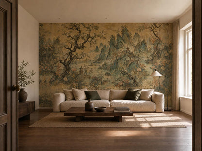 Wide room seen past a doorway with the ochre chinoiserie mural and a sunlit window