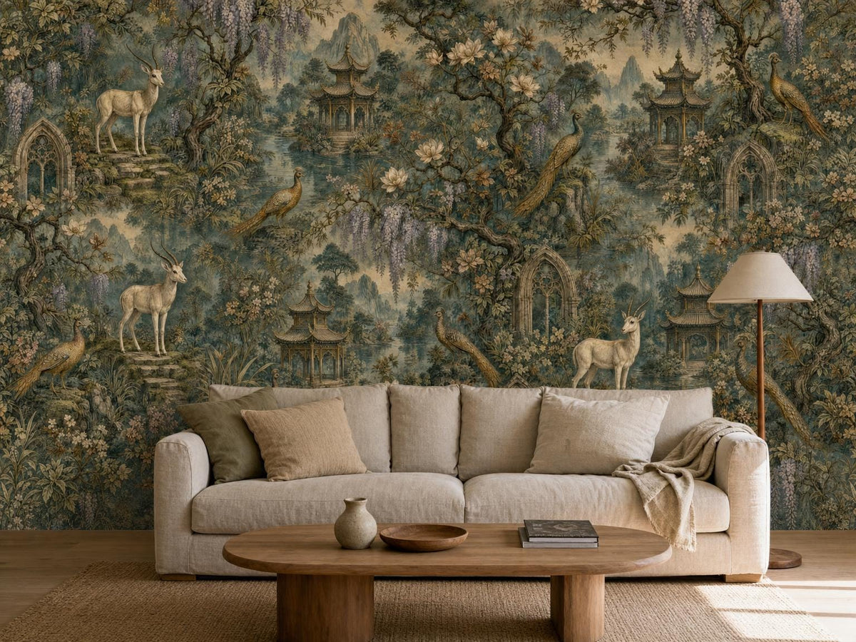 Blue-green chinoiserie garden mural with antelope and pagodas behind a cream sofa and an oval wooden table