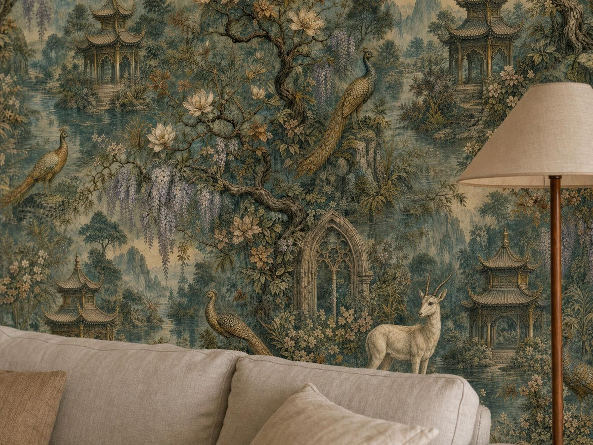 Close view of the pagoda, peacock and cream antelope among the garden foliage, above a pale sofa