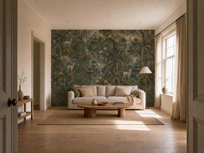 The chinoiserie garden mural seen from a hallway, with a cream sofa and a sunlit oak floor