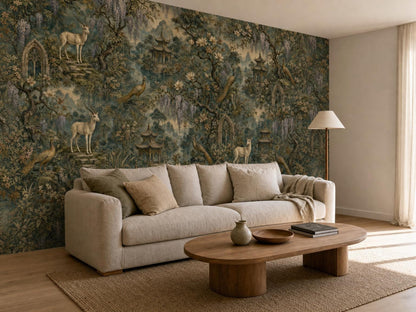 Corner room with the pagoda garden mural, a cream sofa, round table and floor lamp